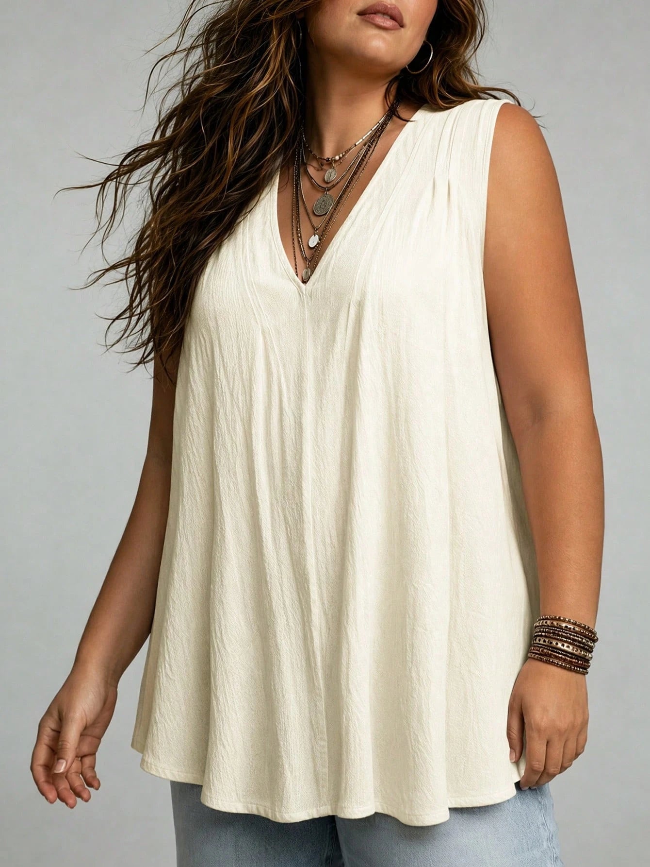 Ceyna Plus Size Women's French Casual Elegant Loose V-Neck Sleeveless Camisole Tank Top