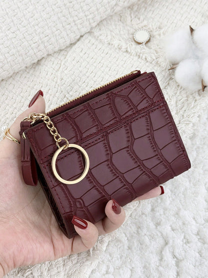 Chain Keychain, Burgundy Letter Decor Folding Small Wallet, Women's Lightweight Minimalist Bifold Coin Purse Card Holder, Cute Fashion Birthday Christmas Anniversary Gift For Ladies, Business, Birthda