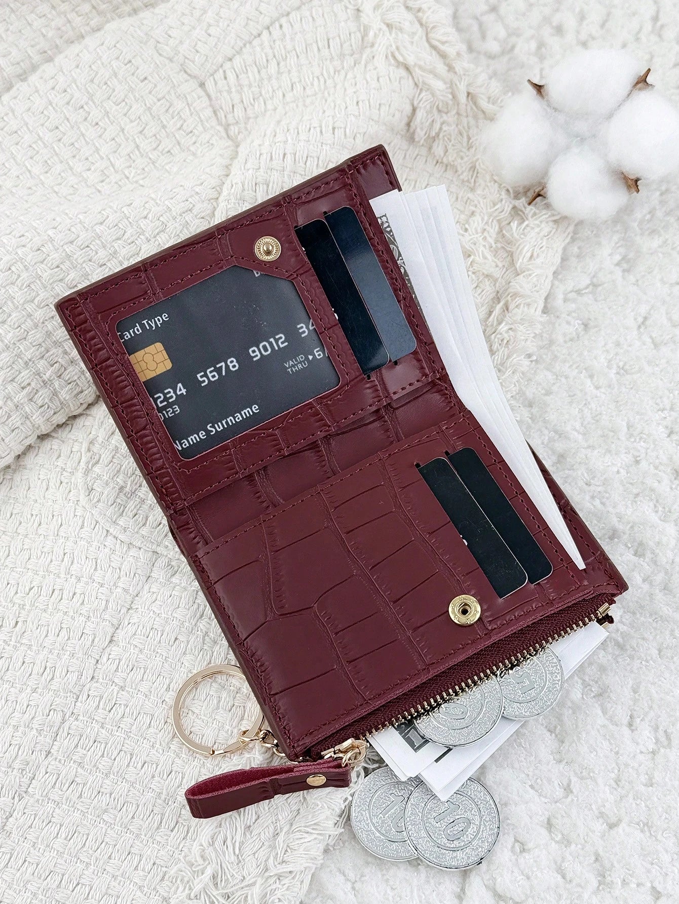 Chain Keychain, Burgundy Letter Decor Folding Small Wallet, Women's Lightweight Minimalist Bifold Coin Purse Card Holder, Cute Fashion Birthday Christmas Anniversary Gift For Ladies, Business, Birthda