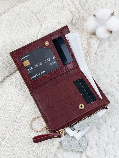 Chain Keychain, Burgundy Letter Decor Folding Small Wallet, Women's Lightweight Minimalist Bifold Coin Purse Card Holder, Cute Fashion Birthday Christmas Anniversary Gift For Ladies, Business, Birthda