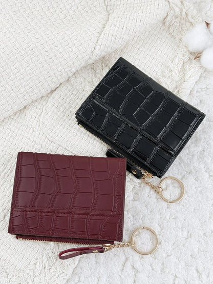 Chain Keychain, Burgundy Letter Decor Folding Small Wallet, Women's Lightweight Minimalist Bifold Coin Purse Card Holder, Cute Fashion Birthday Christmas Anniversary Gift For Ladies, Business, Birthda