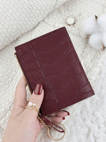 Chain Keychain, Burgundy Letter Decor Folding Small Wallet, Women's Lightweight Minimalist Bifold Coin Purse Card Holder, Cute Fashion Birthday Christmas Anniversary Gift For Ladies, Business, Birthda