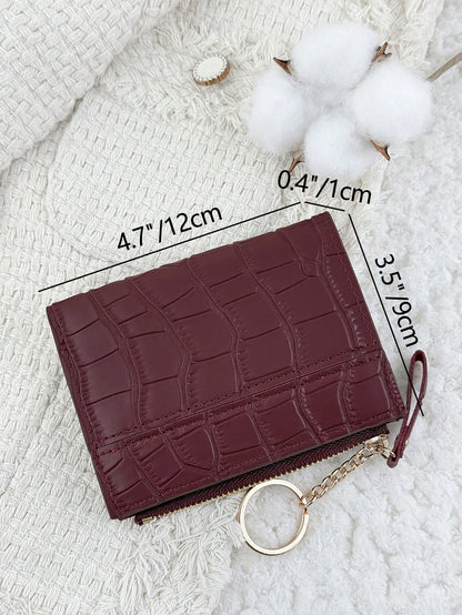Chain Keychain, Burgundy Letter Decor Folding Small Wallet, Women's Lightweight Minimalist Bifold Coin Purse Card Holder, Cute Fashion Birthday Christmas Anniversary Gift For Ladies, Business, Birthda
