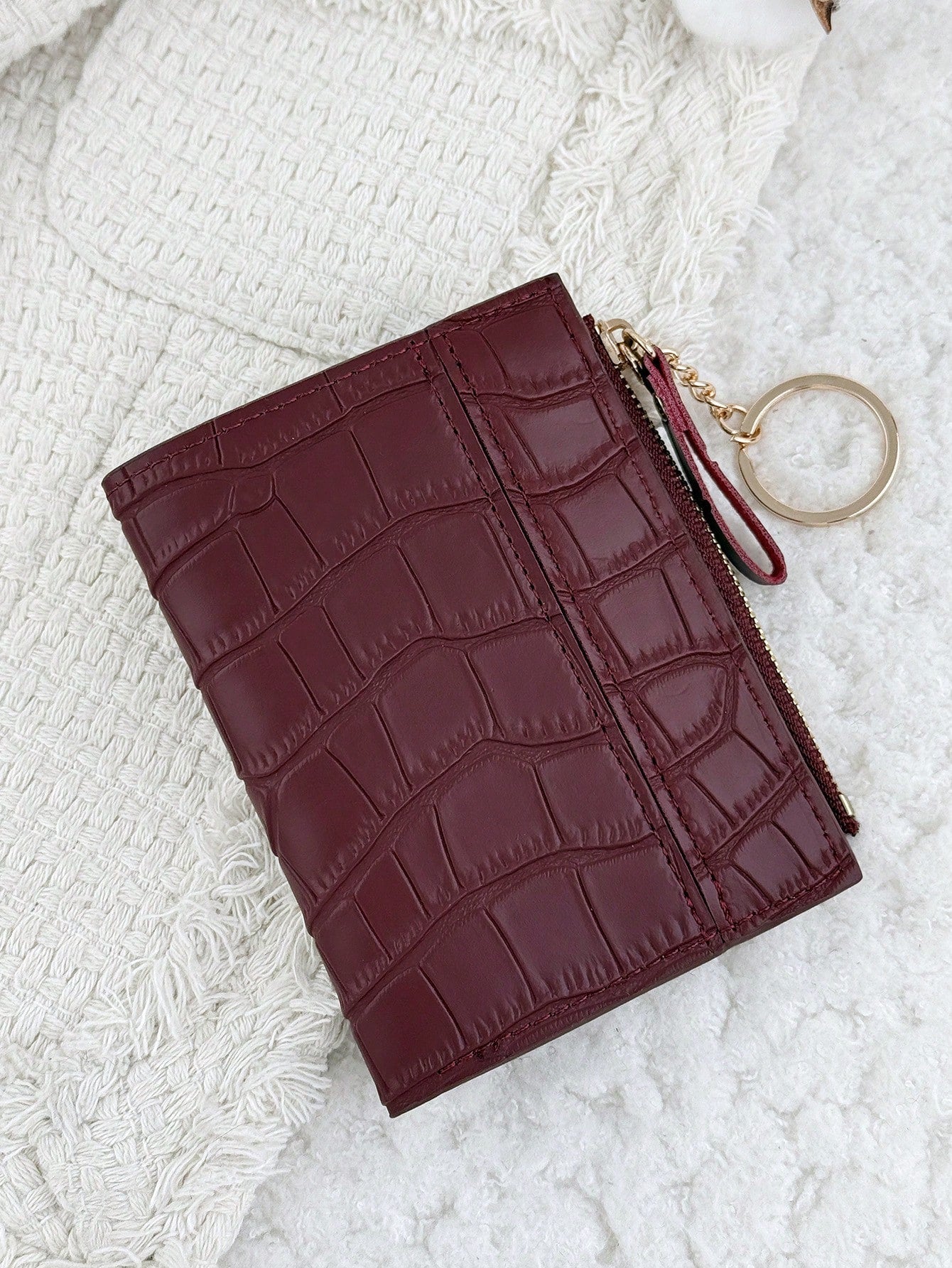 Chain Keychain, Burgundy Letter Decor Folding Small Wallet, Women's Lightweight Minimalist Bifold Coin Purse Card Holder, Cute Fashion Birthday Christmas Anniversary Gift For Ladies, Business, Birthda