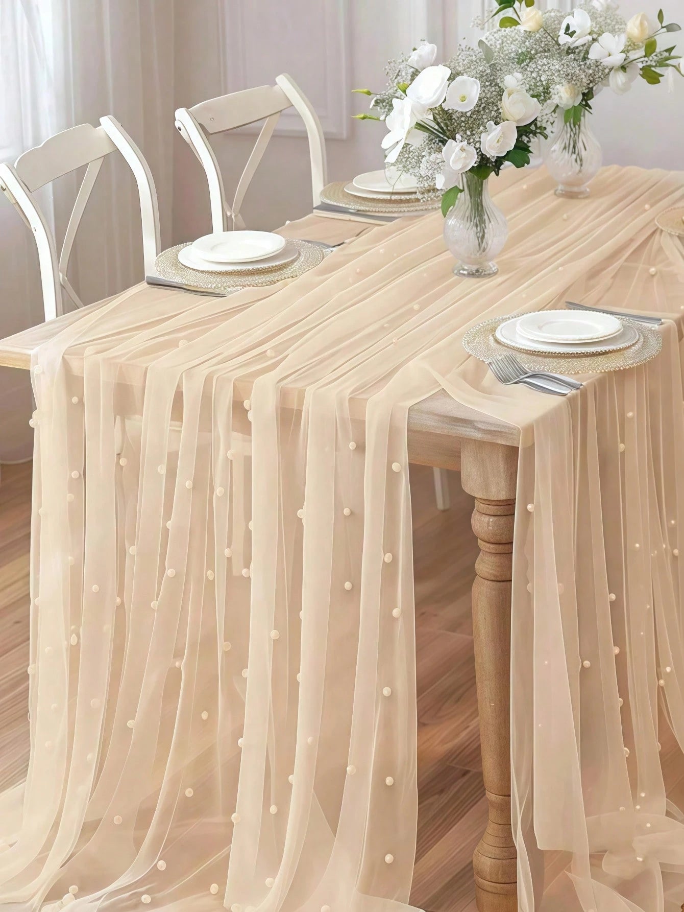 Champagne Pearl Tulle Tablecloth, Bohemian Rustic Cheesecloth Table Runner, Suitable For Baby Shower, Wedding, Summer Party, Home Decor, Gift