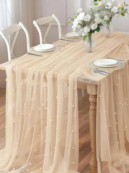 Champagne Pearl Tulle Tablecloth, Bohemian Rustic Cheesecloth Table Runner, Suitable For Baby Shower, Wedding, Summer Party, Home Decor, Gift