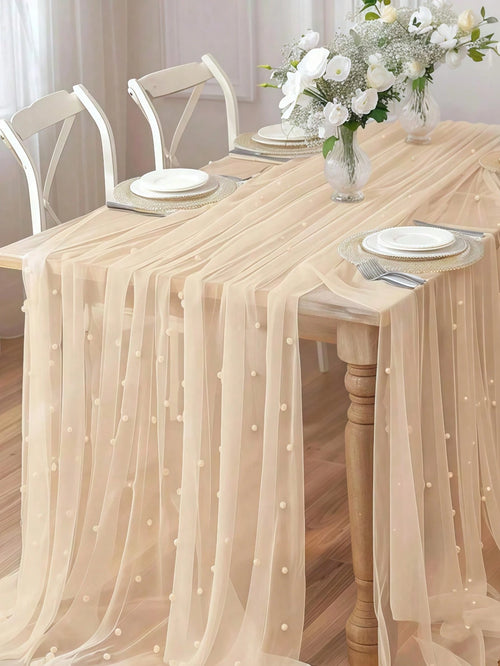 Champagne Pearl Tulle Tablecloth, Bohemian Rustic Cheesecloth Table Runner, Suitable For Baby Shower, Wedding, Summer Party, Home Decor, Gift
