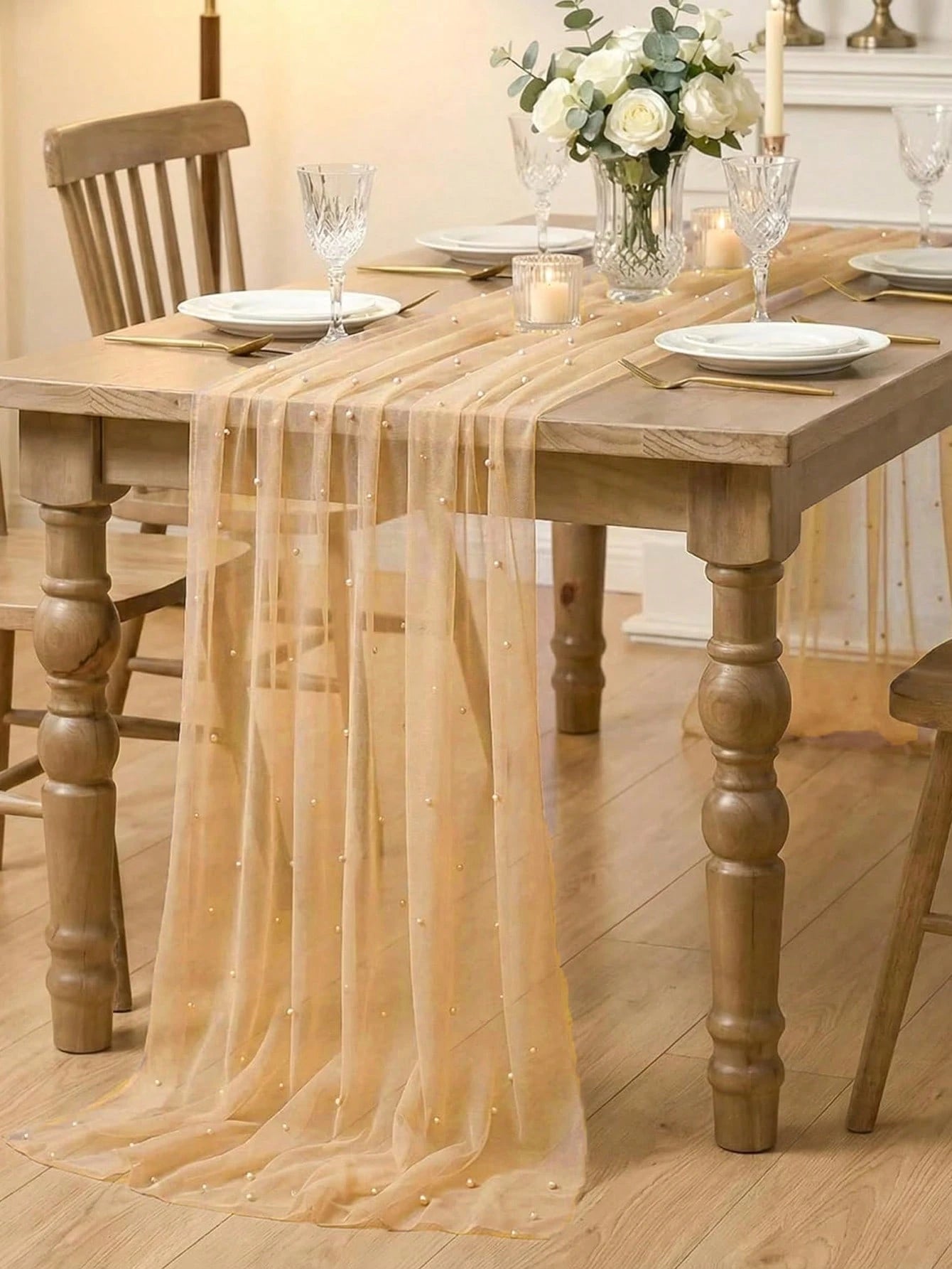 Champagne Pearl Tulle Tablecloth, Bohemian Rustic Cheesecloth Table Runner, Suitable For Baby Shower, Wedding, Summer Party, Home Decor, Gift