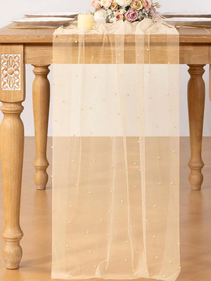 Champagne Pearl Tulle Tablecloth, Bohemian Rustic Cheesecloth Table Runner, Suitable For Baby Shower, Wedding, Summer Party, Home Decor, Gift