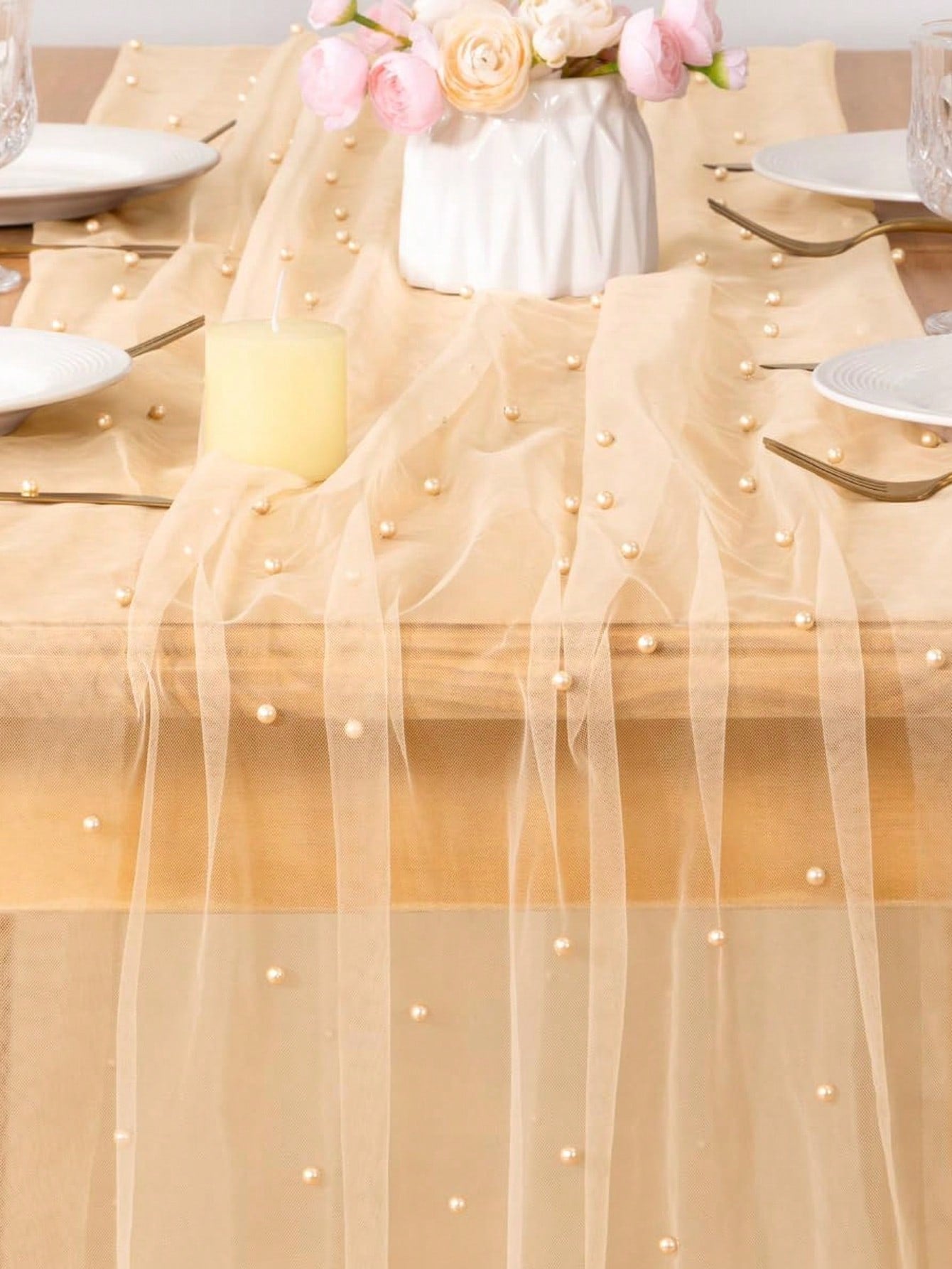 Champagne Pearl Tulle Tablecloth, Bohemian Rustic Cheesecloth Table Runner, Suitable For Baby Shower, Wedding, Summer Party, Home Decor, Gift
