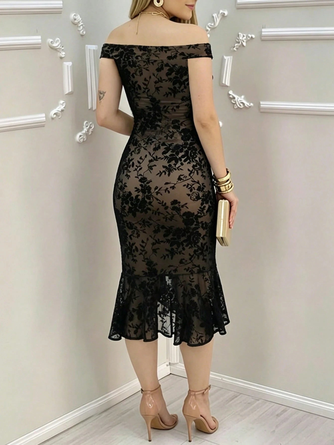 ChicMe Women's Velvet Floral Mesh Off-Shoulder Ruffle Hem Fitted Mid-Length Mermaid Cocktail Party Dress, Elegant Evening Gown Vacation Black Summer