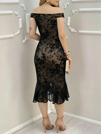 ChicMe Women's Velvet Floral Mesh Off-Shoulder Ruffle Hem Fitted Mid-Length Mermaid Cocktail Party Dress, Elegant Evening Gown Vacation Black Summer