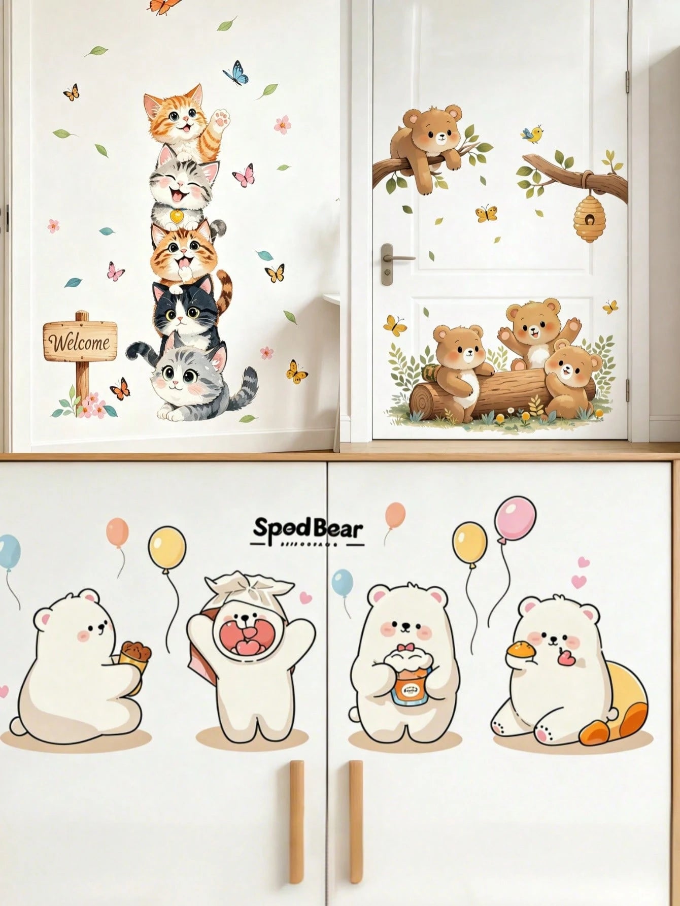 Children's Bedroom Cartoon Wall Stickers Self-Adhesive Wardrobe Door Renewal Stickers Cabinet Wall Playful Decor Stickers