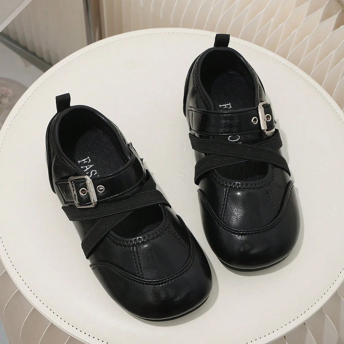 Children's Vintage Brown Mary Jane Shoes, Cross Strap Buckle Decor Non-Slip Flat Shoes, Little Girls Formal Princess Shoes