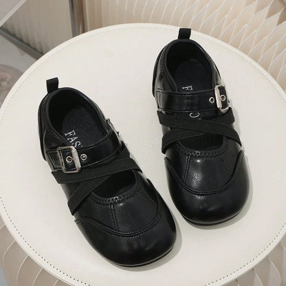 Children's Vintage Brown Mary Jane Shoes, Cross Strap Buckle Decor Non-Slip Flat Shoes, Little Girls Formal Princess Shoes