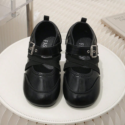 Children's Vintage Brown Mary Jane Shoes, Cross Strap Buckle Decor Non-Slip Flat Shoes, Little Girls Formal Princess Shoes