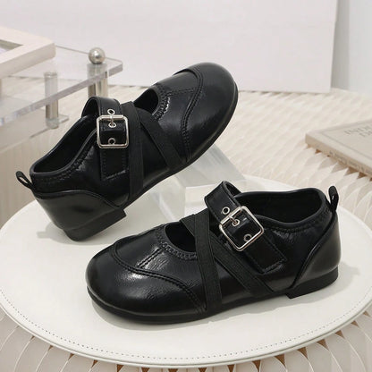 Children's Vintage Brown Mary Jane Shoes, Cross Strap Buckle Decor Non-Slip Flat Shoes, Little Girls Formal Princess Shoes
