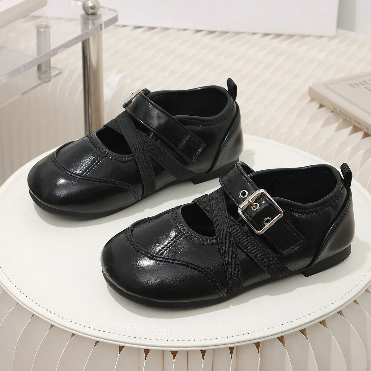 Children's Vintage Brown Mary Jane Shoes, Cross Strap Buckle Decor Non-Slip Flat Shoes, Little Girls Formal Princess Shoes