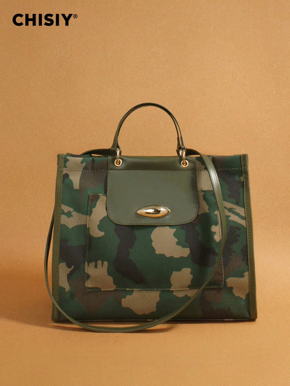 CHISIY Original New Army Green Large Tote Bag, High Capacity Handbag With PU Patchwork Camouflage, Fashionable And Unique, With Adjustable Shoulder Strap, Multi-Functional For Commuting, Street Style