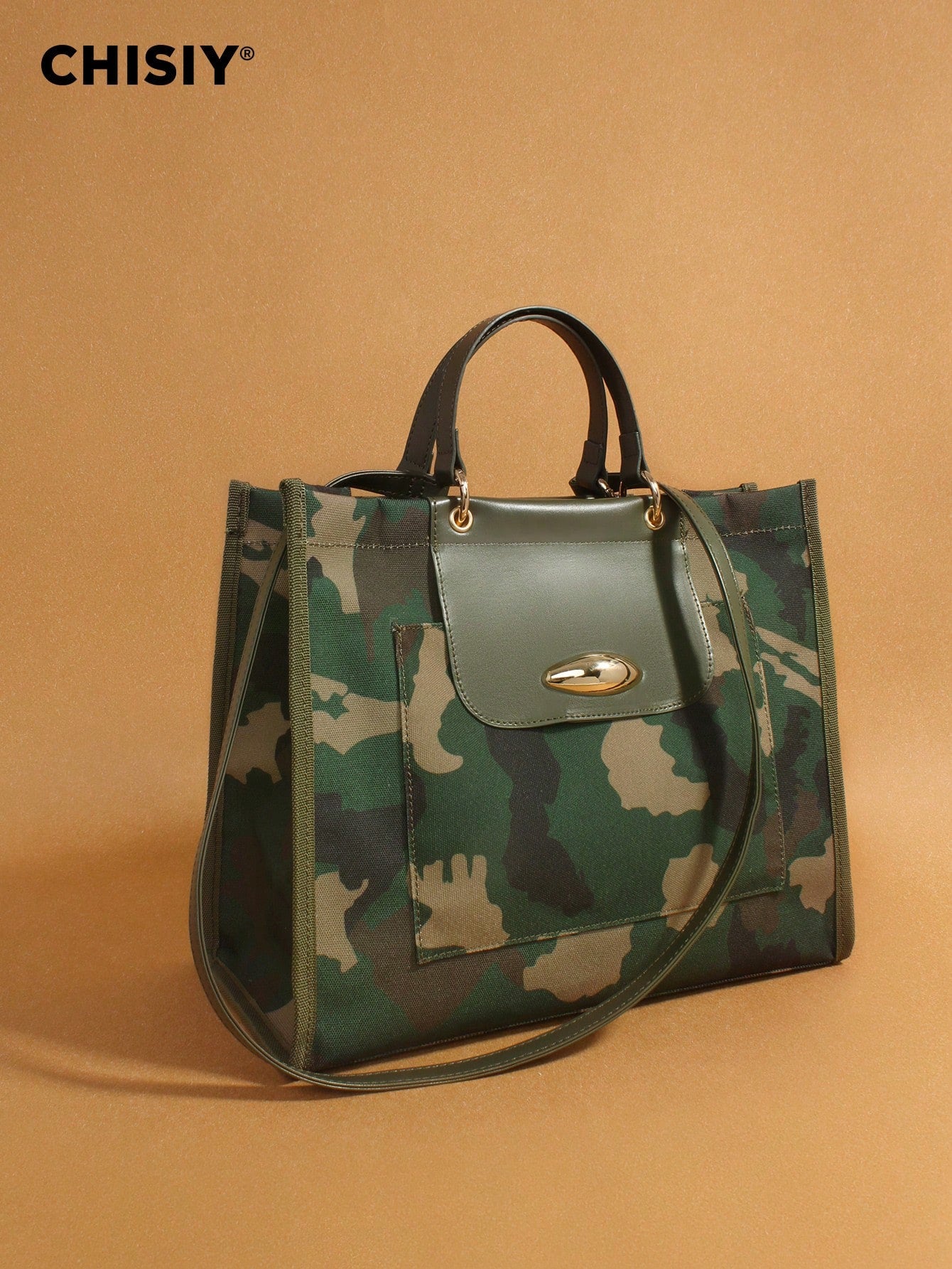 CHISIY Original New Army Green Large Tote Bag, High Capacity Handbag With PU Patchwork Camouflage, Fashionable And Unique, With Adjustable Shoulder Strap, Multi-Functional For Commuting, Street Style