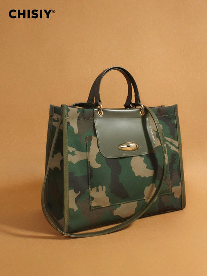 CHISIY Original New Army Green Large Tote Bag, High Capacity Handbag With PU Patchwork Camouflage, Fashionable And Unique, With Adjustable Shoulder Strap, Multi-Functional For Commuting, Street Style
