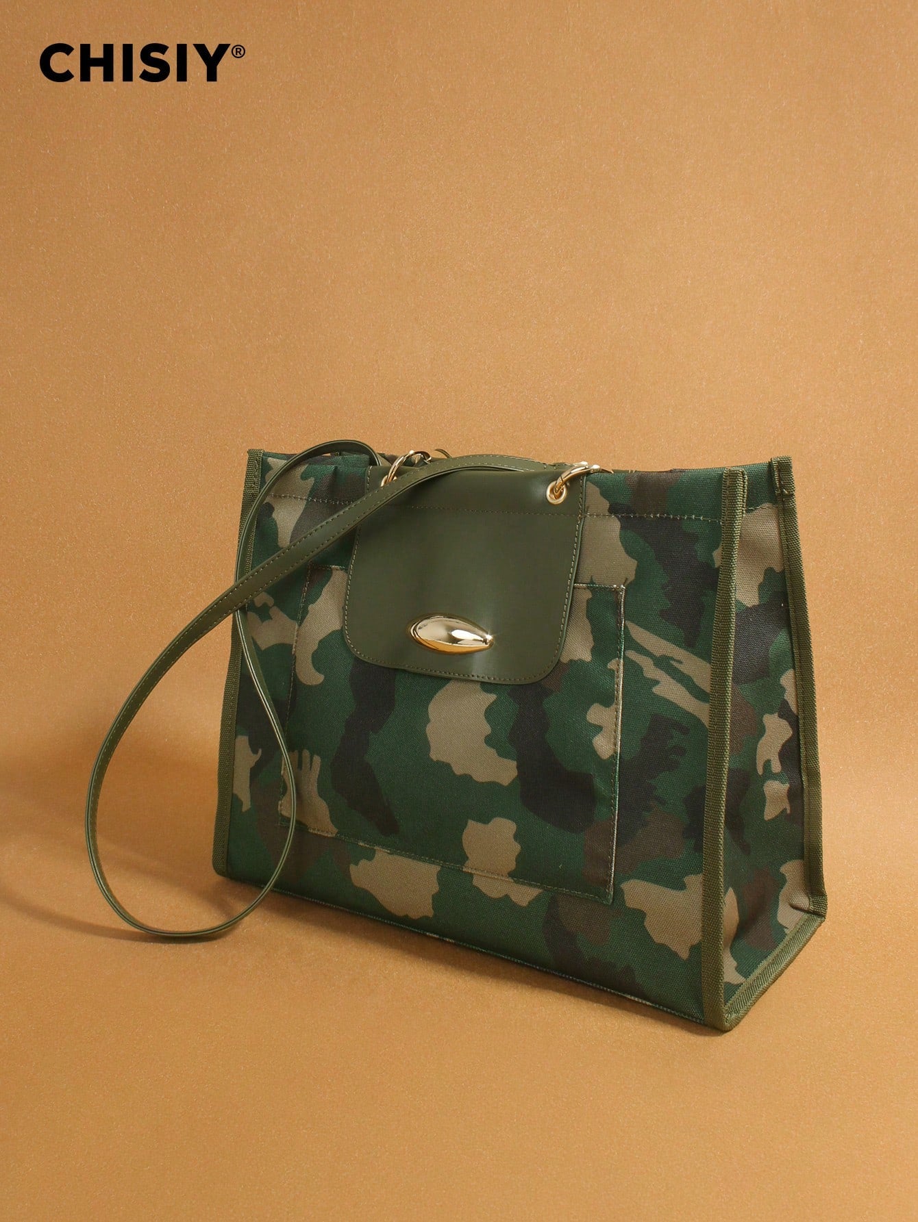 CHISIY Original New Army Green Large Tote Bag, High Capacity Handbag With PU Patchwork Camouflage, Fashionable And Unique, With Adjustable Shoulder Strap, Multi-Functional For Commuting, Street Style
