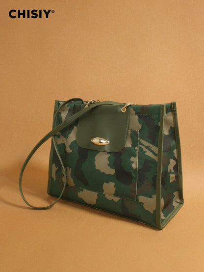 CHISIY Original New Army Green Large Tote Bag, High Capacity Handbag With PU Patchwork Camouflage, Fashionable And Unique, With Adjustable Shoulder Strap, Multi-Functional For Commuting, Street Style