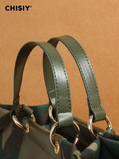 CHISIY Original New Army Green Large Tote Bag, High Capacity Handbag With PU Patchwork Camouflage, Fashionable And Unique, With Adjustable Shoulder Strap, Multi-Functional For Commuting, Street Style