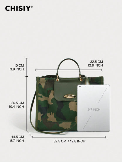 CHISIY Original New Army Green Large Tote Bag, High Capacity Handbag With PU Patchwork Camouflage, Fashionable And Unique, With Adjustable Shoulder Strap, Multi-Functional For Commuting, Street Style
