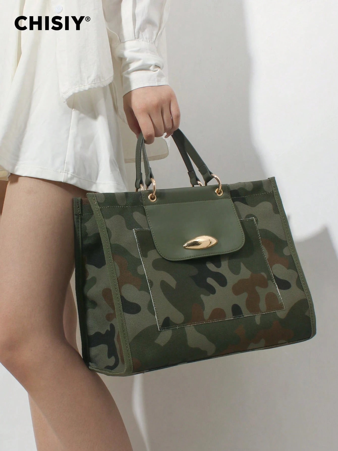 CHISIY Original New Army Green Large Tote Bag, High Capacity Handbag With PU Patchwork Camouflage, Fashionable And Unique, With Adjustable Shoulder Strap, Multi-Functional For Commuting, Street Style