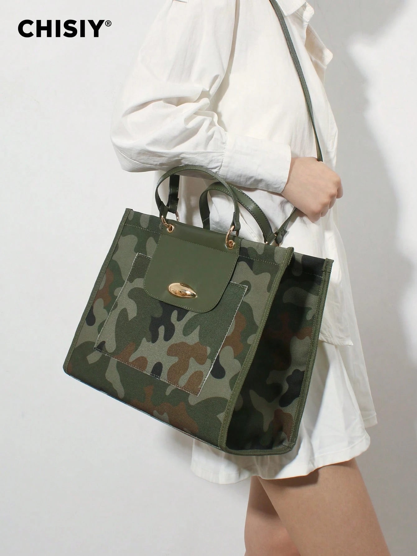 CHISIY Original New Army Green Large Tote Bag, High Capacity Handbag With PU Patchwork Camouflage, Fashionable And Unique, With Adjustable Shoulder Strap, Multi-Functional For Commuting, Street Style