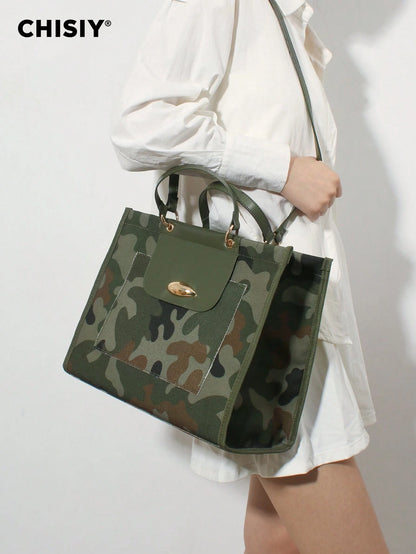 CHISIY Original New Army Green Large Tote Bag, High Capacity Handbag With PU Patchwork Camouflage, Fashionable And Unique, With Adjustable Shoulder Strap, Multi-Functional For Commuting, Street Style