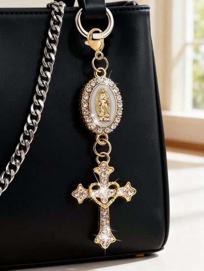 Christian Cross Keychain With Religious Love And Rhinestone Cross, Decorated With Virgin Mary Pendant, Pearls And Diamond Charm- Cross Keychain, Packaging Decor, Cross Pendant, Decorative Wallet Back