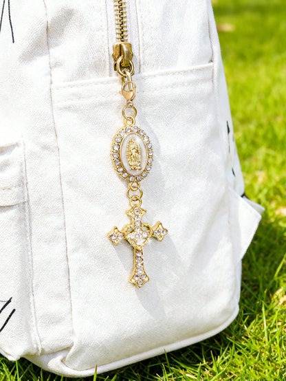 Christian Cross Keychain With Religious Love And Rhinestone Cross, Decorated With Virgin Mary Pendant, Pearls And Diamond Charm- Cross Keychain, Packaging Decor, Cross Pendant, Decorative Wallet Back