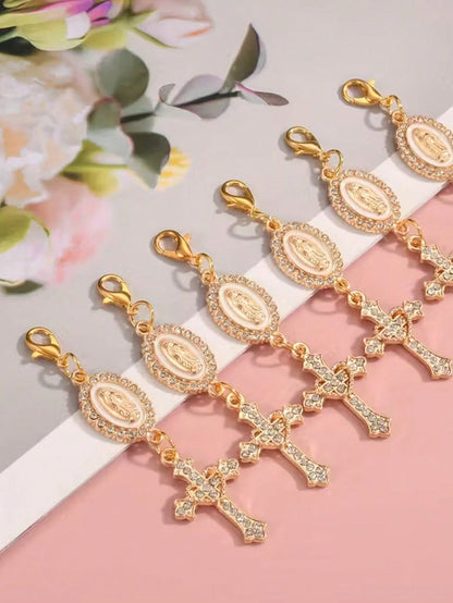 Christian Cross Keychain With Religious Love And Rhinestone Cross, Decorated With Virgin Mary Pendant, Pearls And Diamond Charm- Cross Keychain, Packaging Decor, Cross Pendant, Decorative Wallet Back