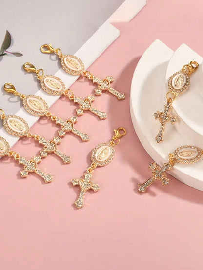 Christian Cross Keychain With Religious Love And Rhinestone Cross, Decorated With Virgin Mary Pendant, Pearls And Diamond Charm- Cross Keychain, Packaging Decor, Cross Pendant, Decorative Wallet Back