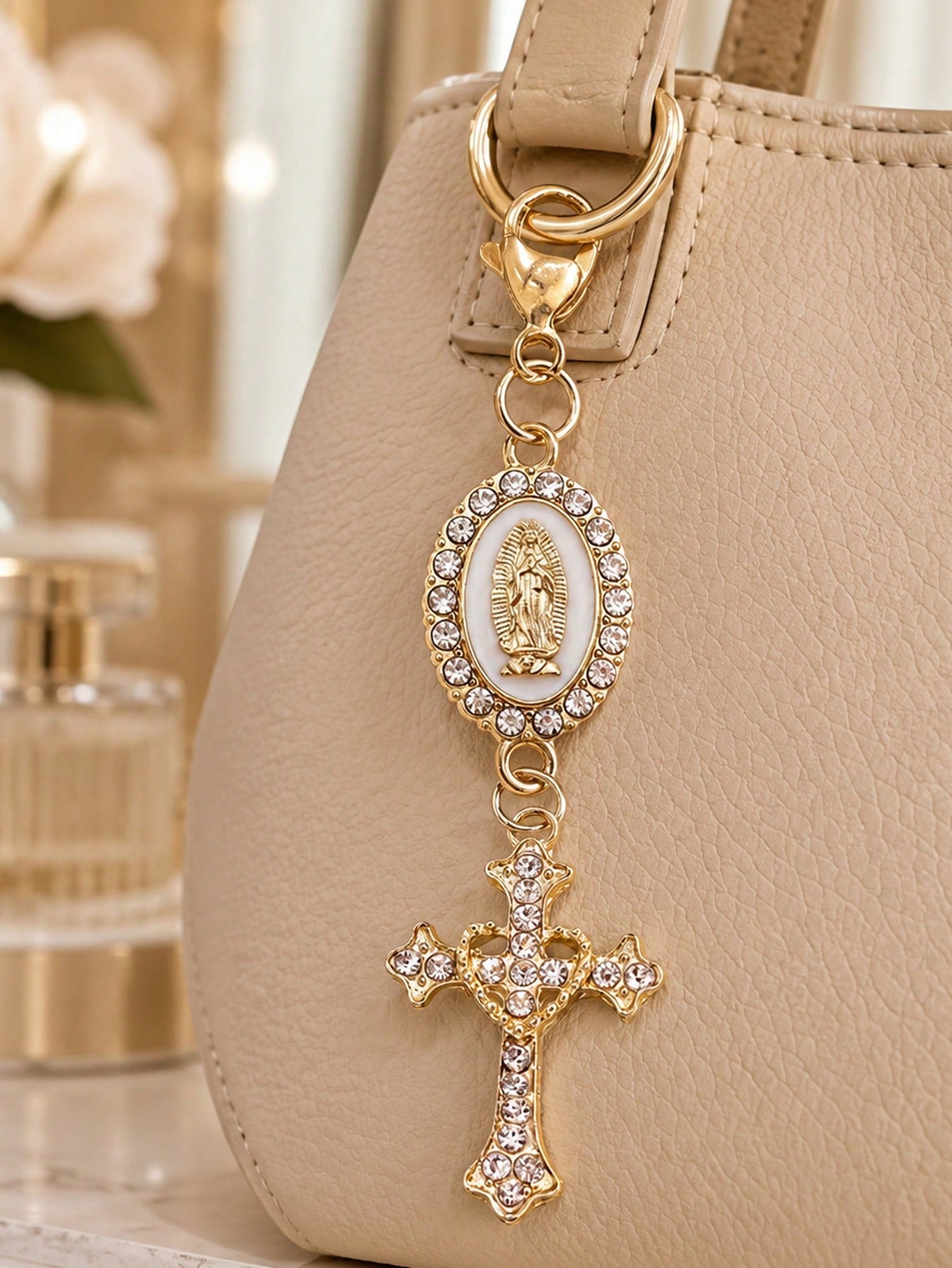 Christian Cross Keychain With Religious Love And Rhinestone Cross, Decorated With Virgin Mary Pendant, Pearls And Diamond Charm- Cross Keychain, Packaging Decor, Cross Pendant, Decorative Wallet Back