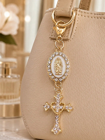 Christian Cross Keychain With Religious Love And Rhinestone Cross, Decorated With Virgin Mary Pendant, Pearls And Diamond Charm- Cross Keychain, Packaging Decor, Cross Pendant, Decorative Wallet Back