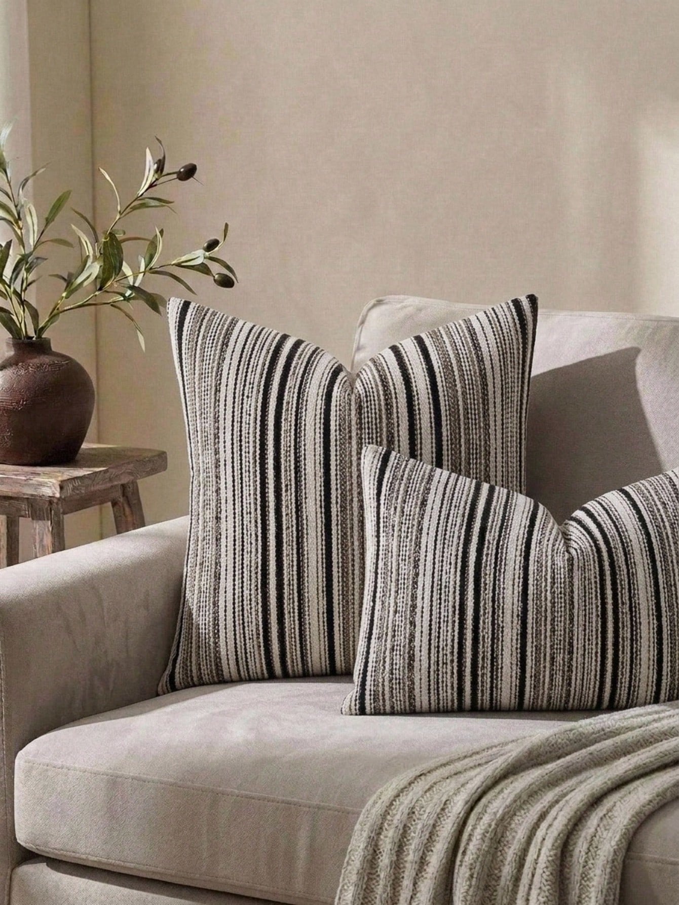 Cirelle 1pc Black And Off-White Woven Textured Throw Pillow Covers, Modern Farmhouse Striped Decorative Pillow Cases For Sofa Couch, Neutral Vertical Stripe Cushion Covers For Living Room (No Insert)