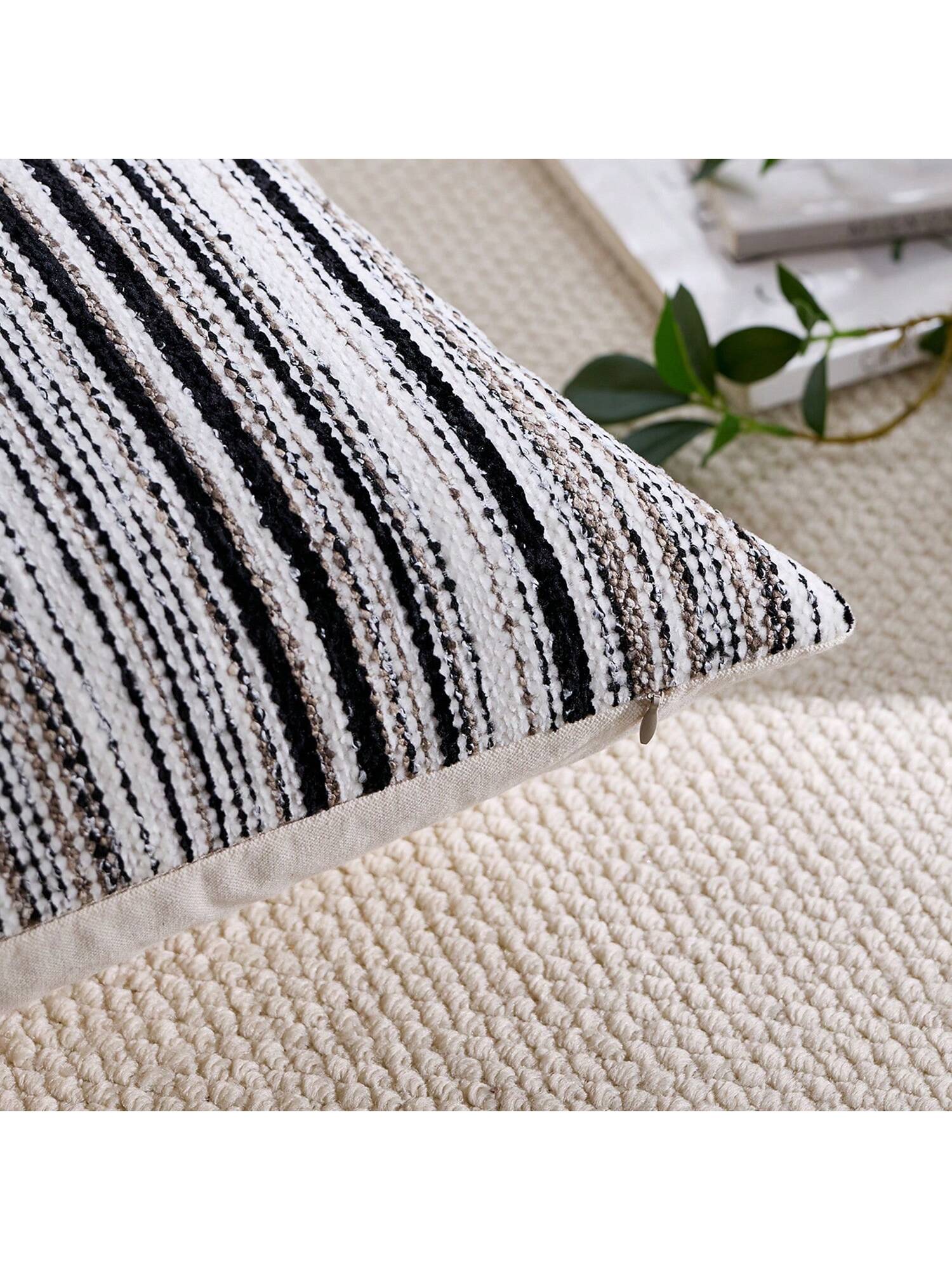 Cirelle 1pc Black And Off-White Woven Textured Throw Pillow Covers, Modern Farmhouse Striped Decorative Pillow Cases For Sofa Couch, Neutral Vertical Stripe Cushion Covers For Living Room (No Insert)