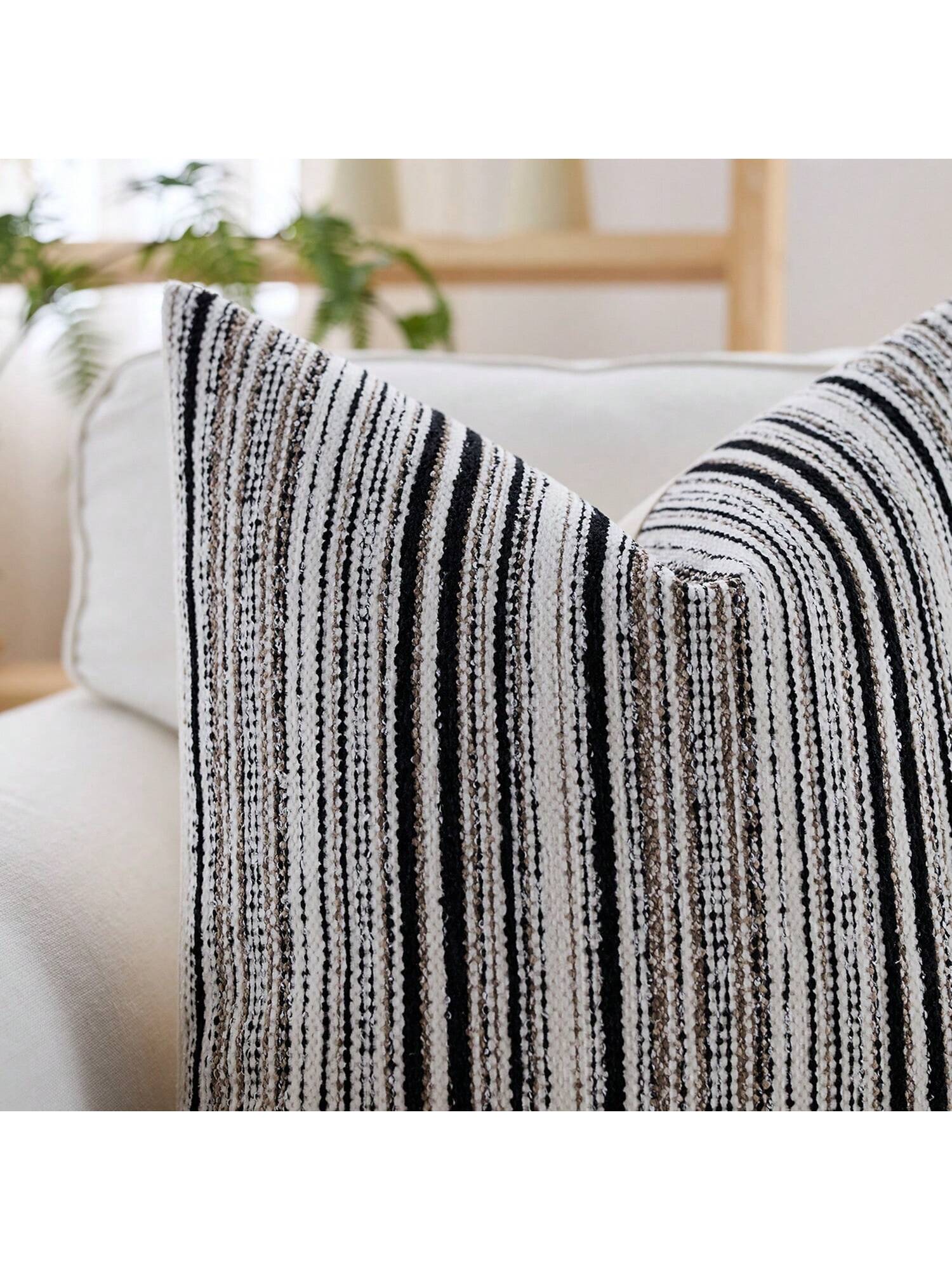 Cirelle 1pc Black And Off-White Woven Textured Throw Pillow Covers, Modern Farmhouse Striped Decorative Pillow Cases For Sofa Couch, Neutral Vertical Stripe Cushion Covers For Living Room (No Insert)