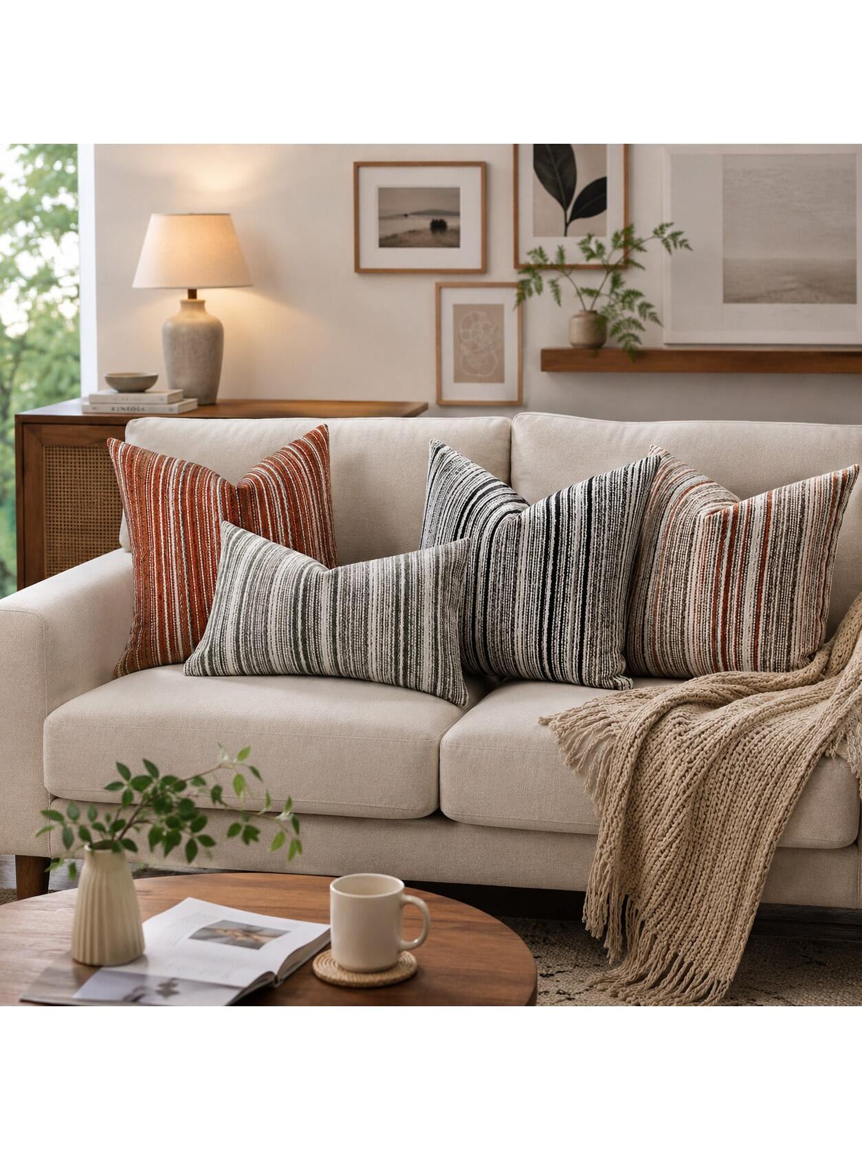 Cirelle 1pc Black And Off-White Woven Textured Throw Pillow Covers, Modern Farmhouse Striped Decorative Pillow Cases For Sofa Couch, Neutral Vertical Stripe Cushion Covers For Living Room (No Insert)