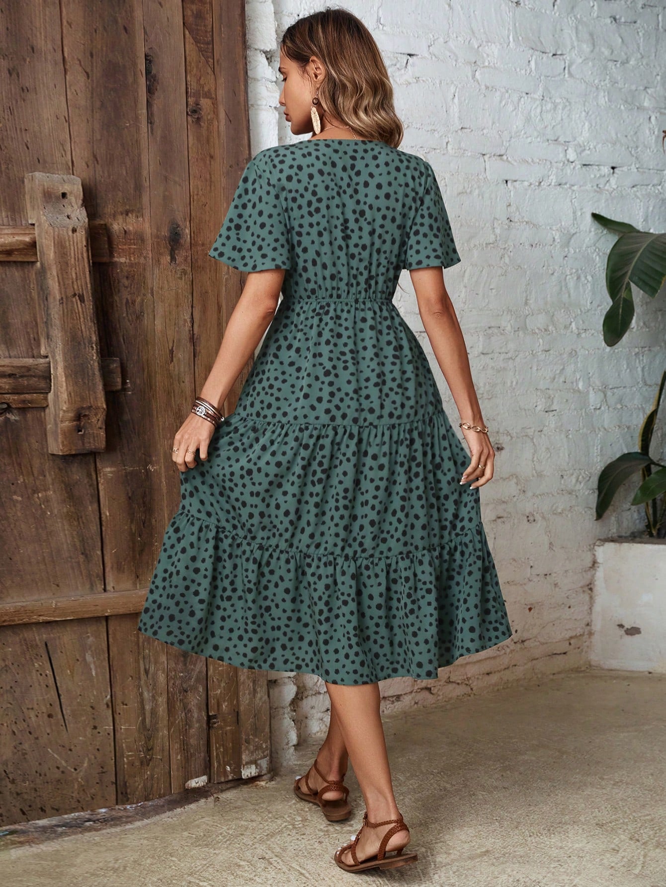 Clasi Dalmatian Print Knot Front Ruffle Hem Dress Maxi Women Outfit