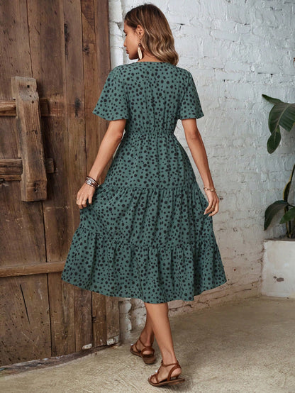 Clasi Dalmatian Print Knot Front Ruffle Hem Dress Maxi Women Outfit