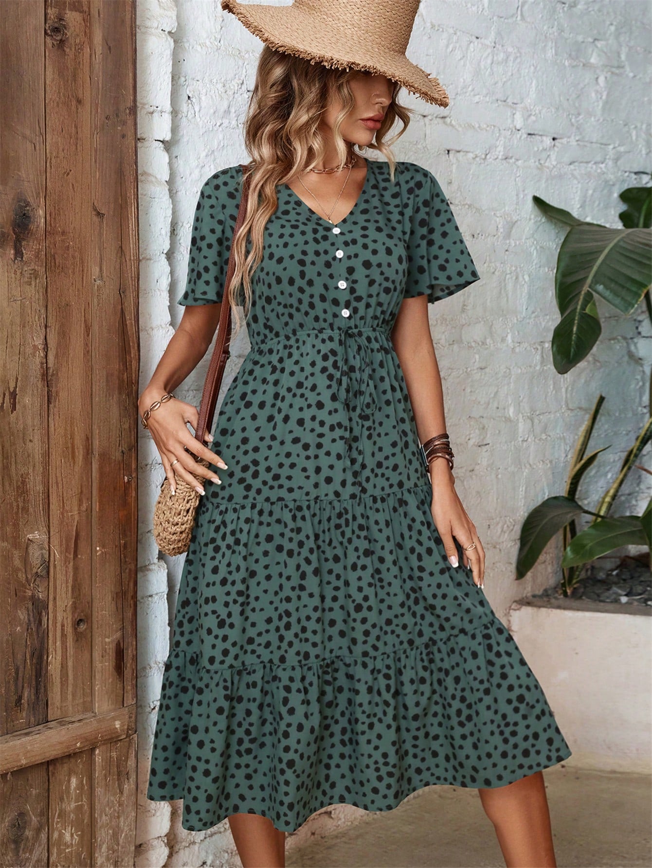 Clasi Dalmatian Print Knot Front Ruffle Hem Dress Maxi Women Outfit