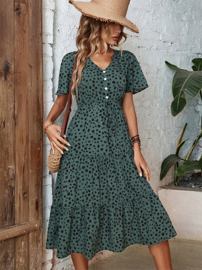Clasi Dalmatian Print Knot Front Ruffle Hem Dress Maxi Women Outfit