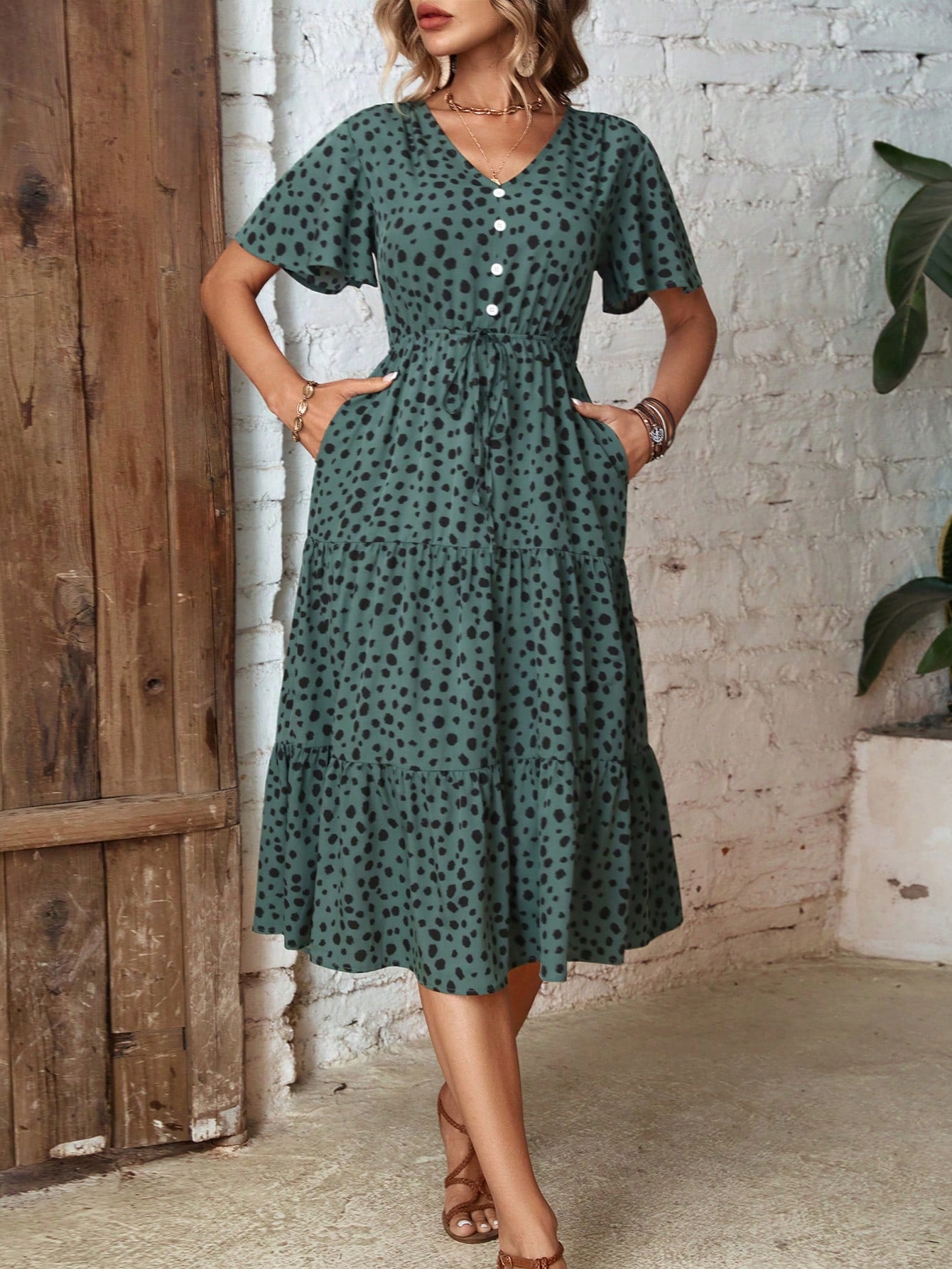 Clasi Dalmatian Print Knot Front Ruffle Hem Dress Maxi Women Outfit