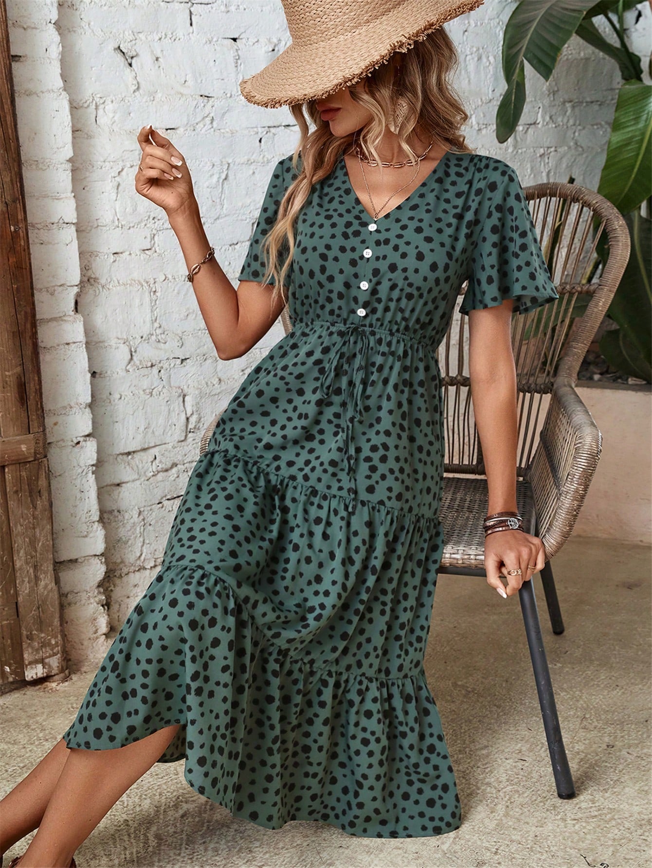 Clasi Dalmatian Print Knot Front Ruffle Hem Dress Maxi Women Outfit