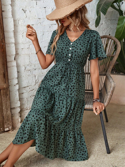 Clasi Dalmatian Print Knot Front Ruffle Hem Dress Maxi Women Outfit