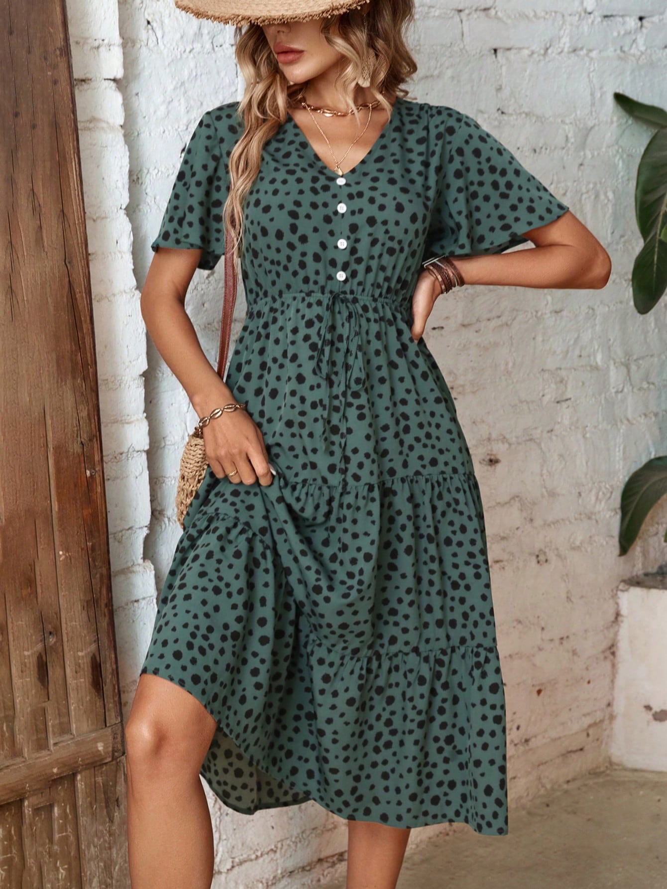 Clasi Dalmatian Print Knot Front Ruffle Hem Dress Maxi Women Outfit